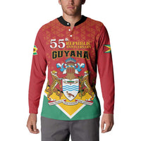 Red button sweatshirt worn by man, Guyana 55th Republic Anniversary front graphic