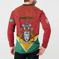 Red button sweatshirt back with 'YOUR TEXT' and Guyana crest, rear view on person