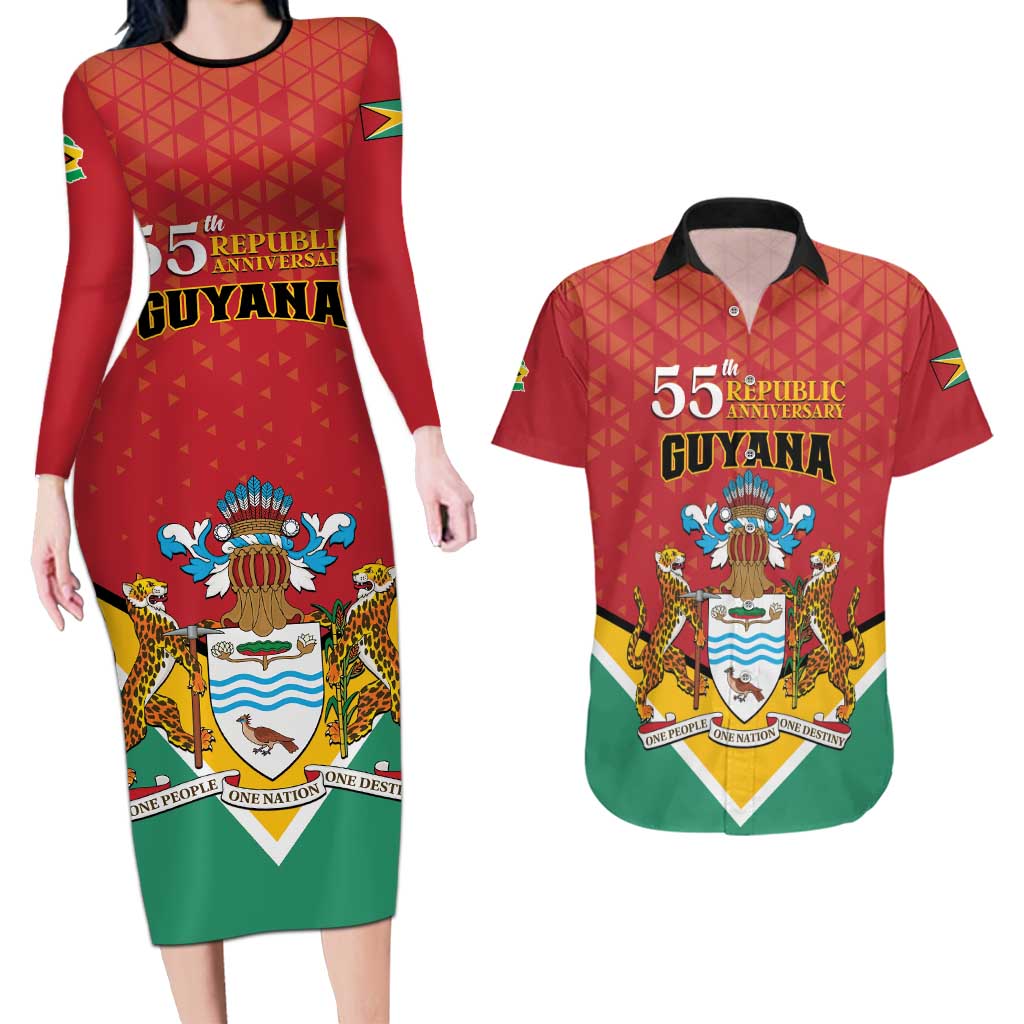 Personalized Guyana 55th Republic Anniversary Couples Matching Long Sleeve Bodycon Dress and Hawaiian Shirt Flag Style