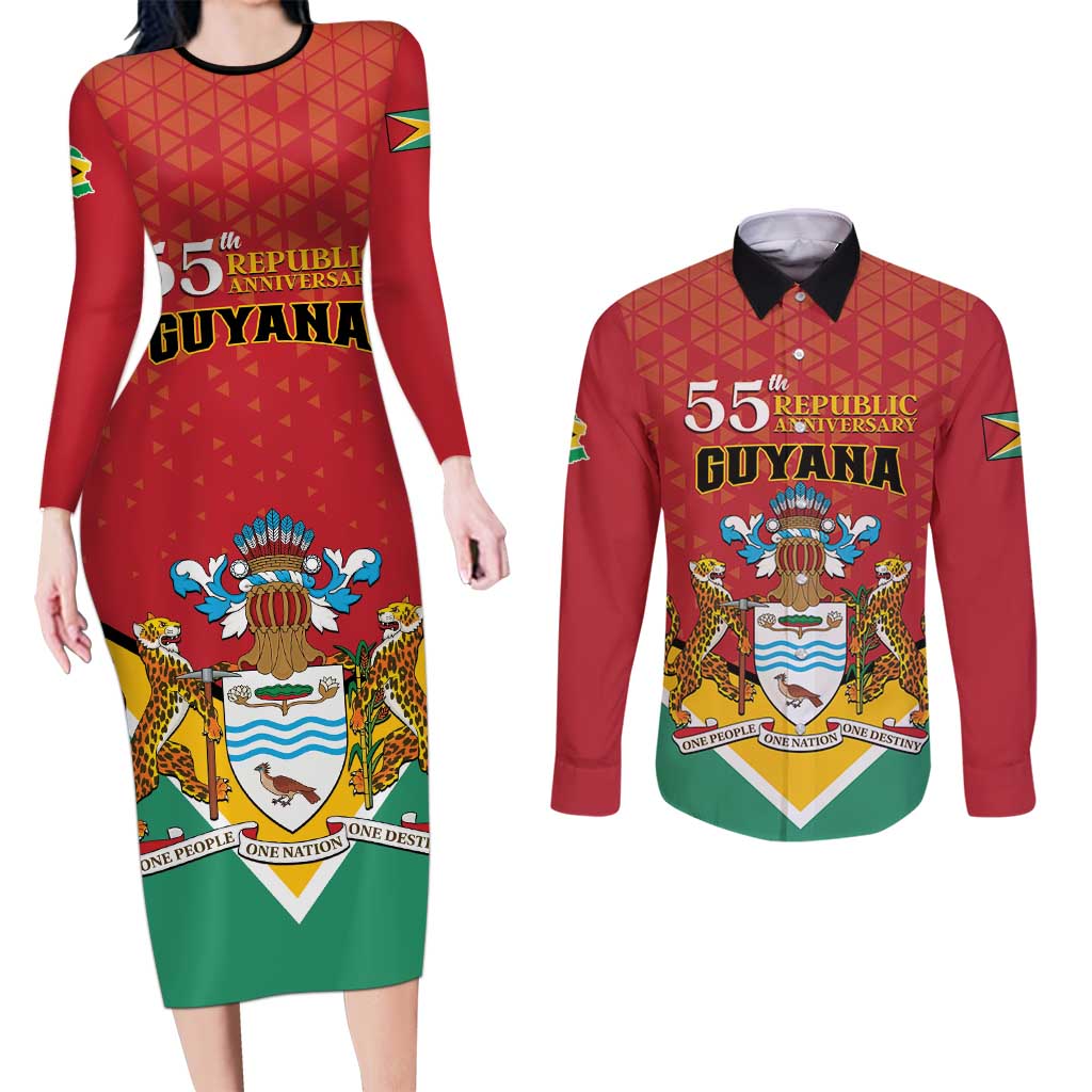 Personalized Guyana 55th Republic Anniversary Couples Matching Long Sleeve Bodycon Dress and Long Sleeve Button Shirt Flag Style