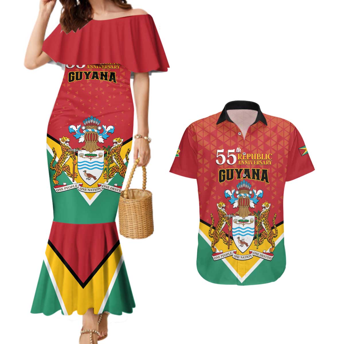 Personalized Guyana 55th Republic Anniversary Couples Matching Mermaid Dress and Hawaiian Shirt Flag Style