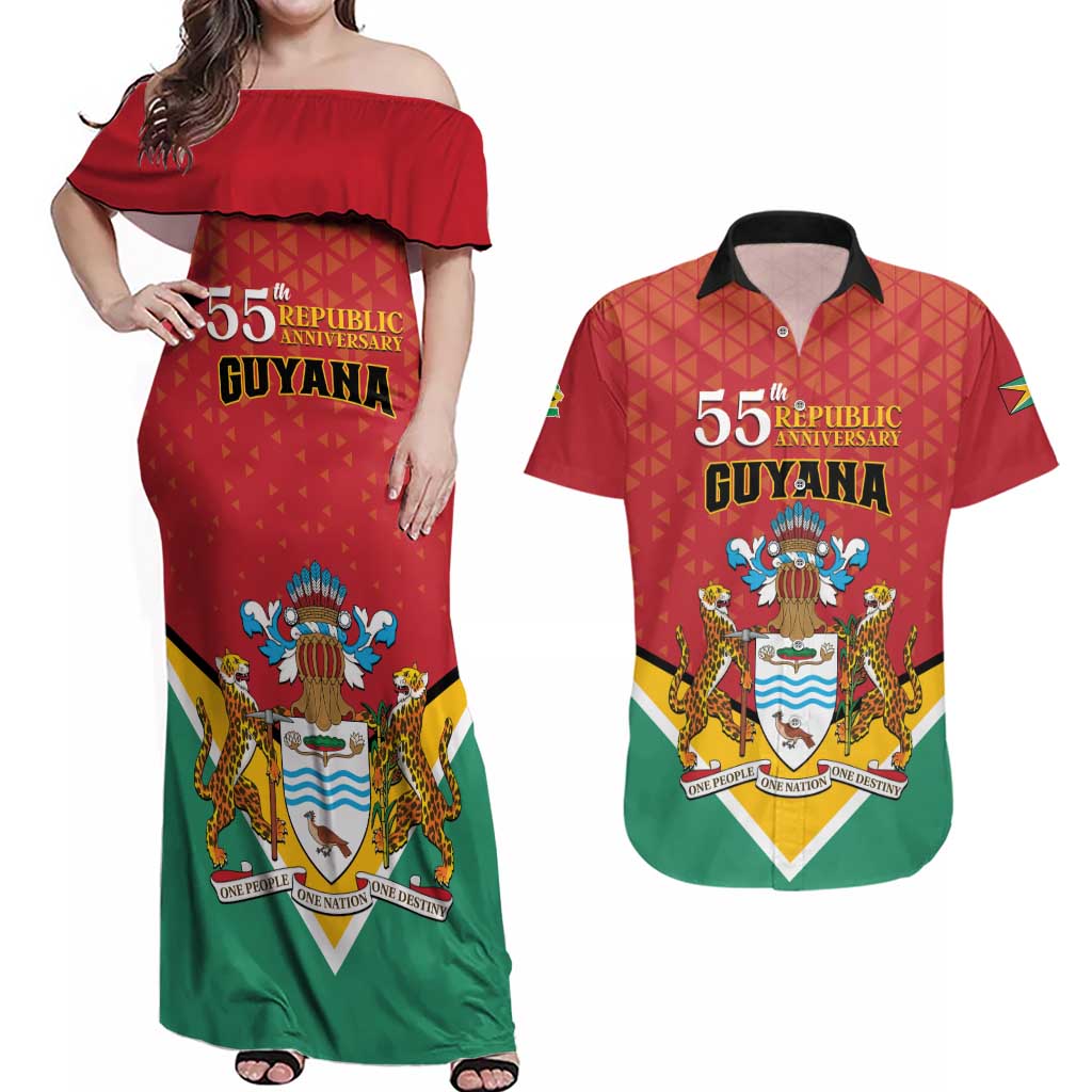 Personalized Guyana 55th Republic Anniversary Couples Matching Off Shoulder Maxi Dress and Hawaiian Shirt Flag Style