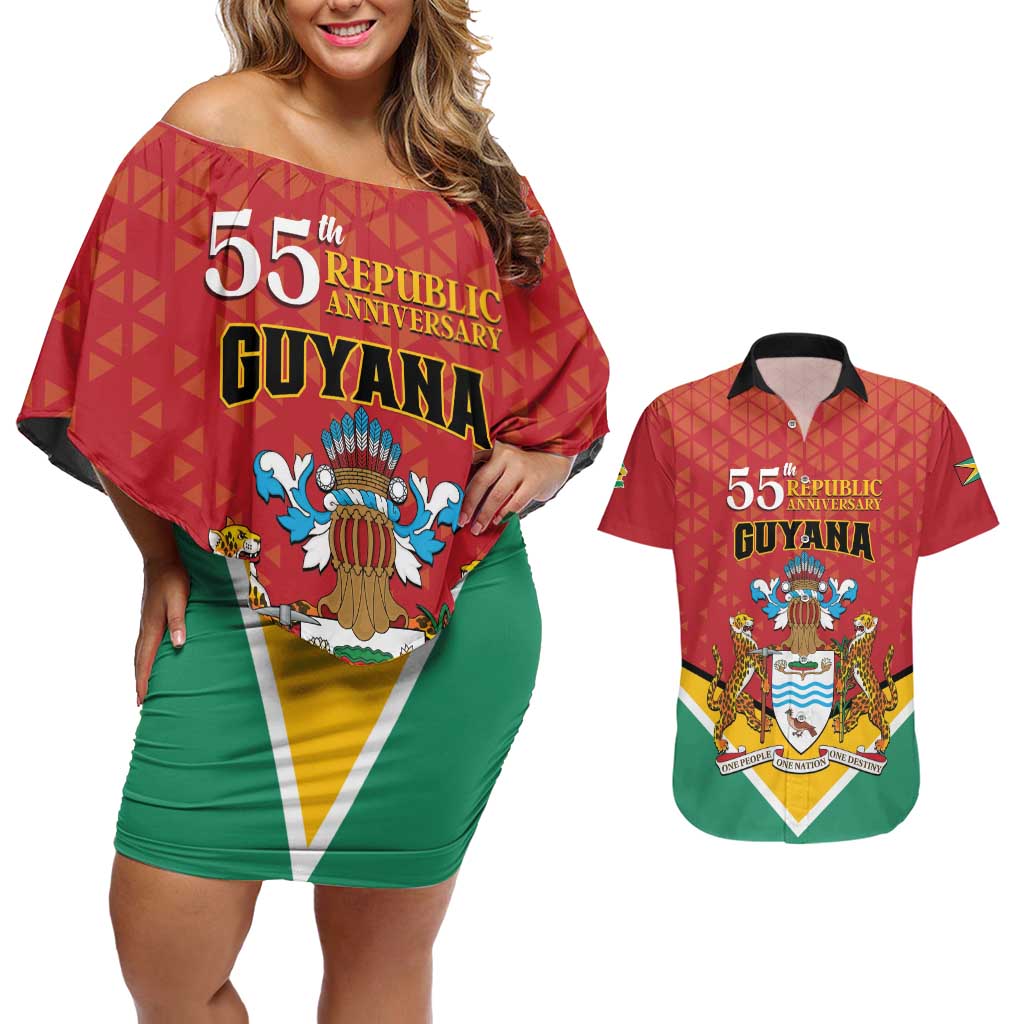 Personalized Guyana 55th Republic Anniversary Couples Matching Off Shoulder Short Dress and Hawaiian Shirt Flag Style