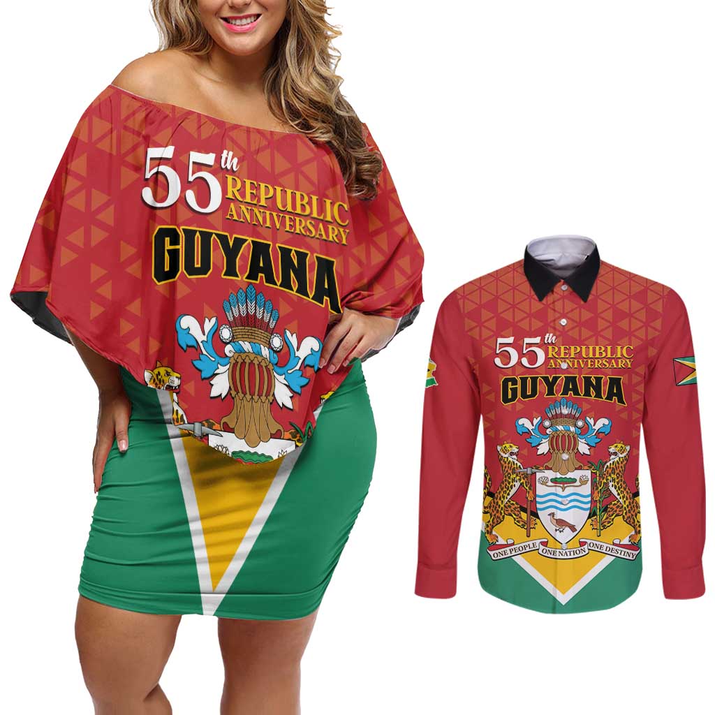 Personalized Guyana 55th Republic Anniversary Couples Matching Off Shoulder Short Dress and Long Sleeve Button Shirt Flag Style