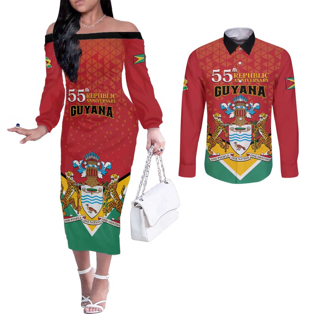 Personalized Guyana 55th Republic Anniversary Couples Matching Off The Shoulder Long Sleeve Dress and Long Sleeve Button Shirt Flag Style