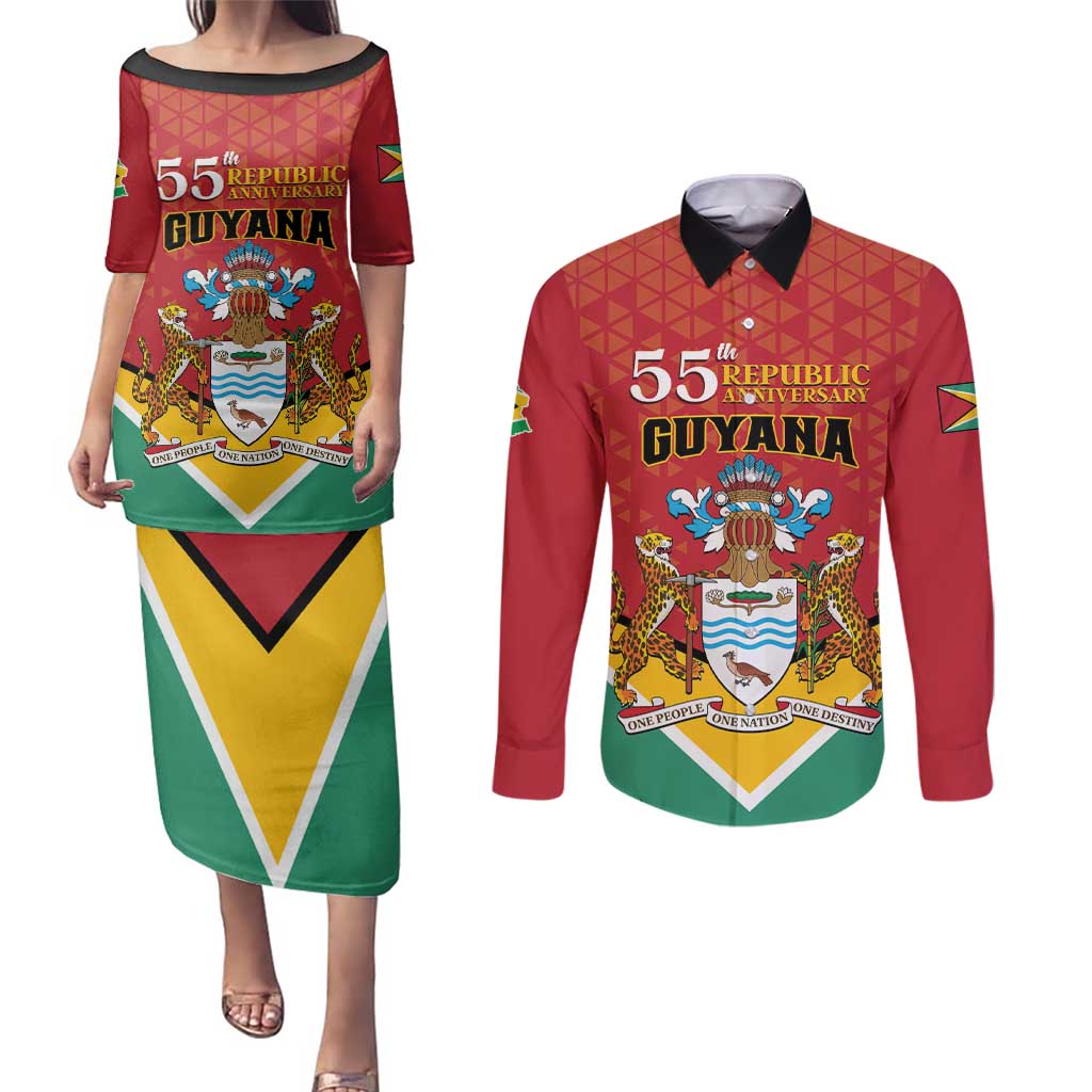 Personalized Guyana 55th Republic Anniversary Couples Matching Puletasi and Long Sleeve Button Shirt Flag Style