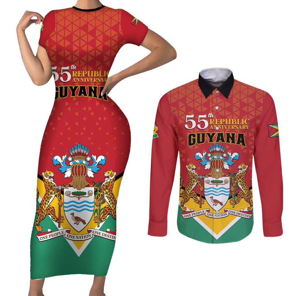 Personalized Guyana 55th Republic Anniversary Couples Matching Short Sleeve Bodycon Dress and Long Sleeve Button Shirt Flag Style