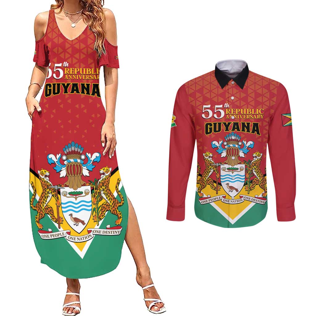 Personalized Guyana 55th Republic Anniversary Couples Matching Summer Maxi Dress and Long Sleeve Button Shirt Flag Style