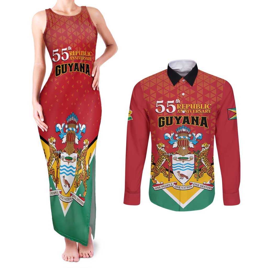 Personalized Guyana 55th Republic Anniversary Couples Matching Tank Maxi Dress and Long Sleeve Button Shirt Flag Style