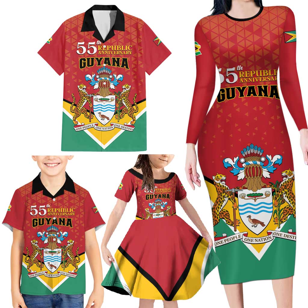 Personalized Guyana 55th Republic Anniversary Family Matching Long Sleeve Bodycon Dress and Hawaiian Shirt Flag Style