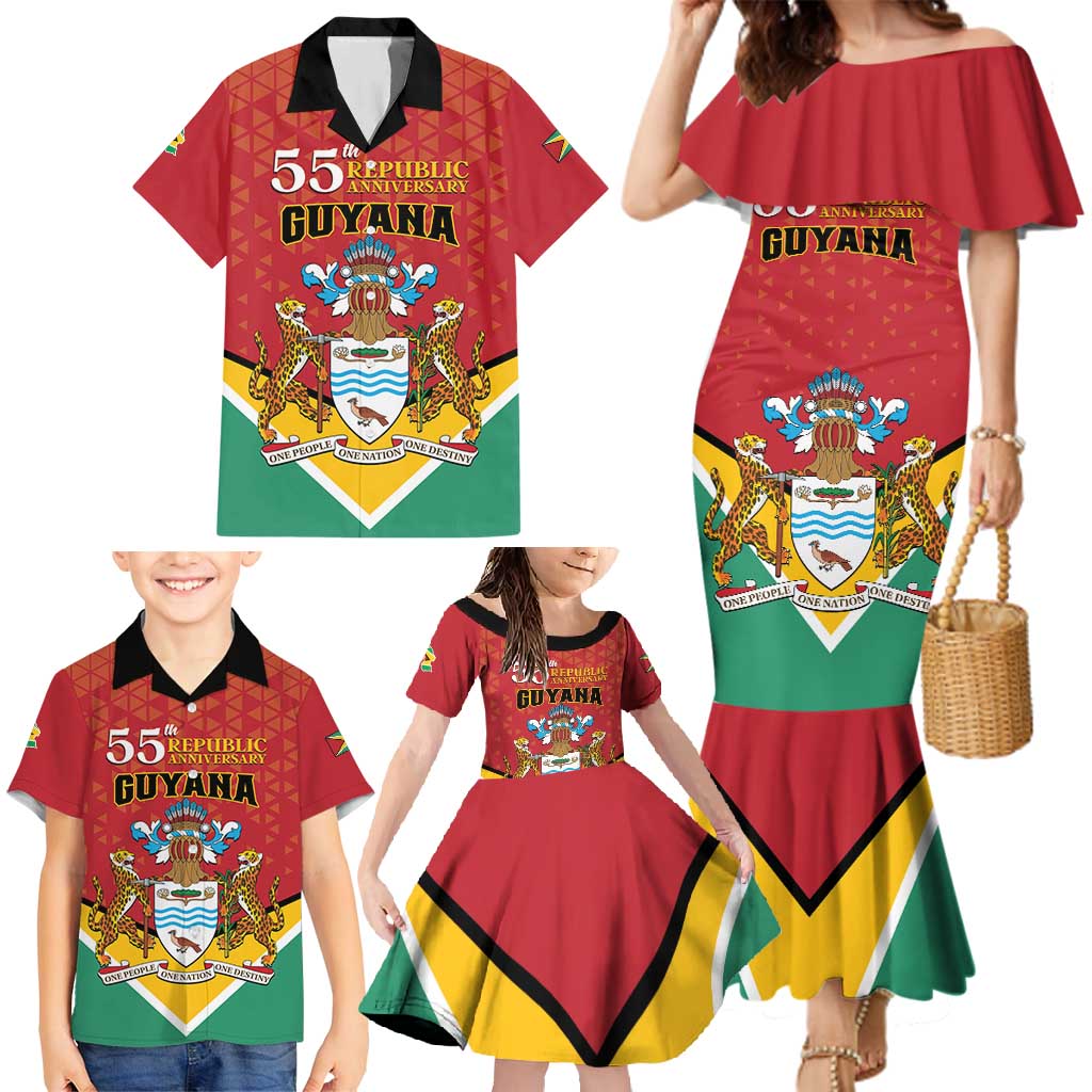 Personalized Guyana 55th Republic Anniversary Family Matching Mermaid Dress and Hawaiian Shirt Flag Style