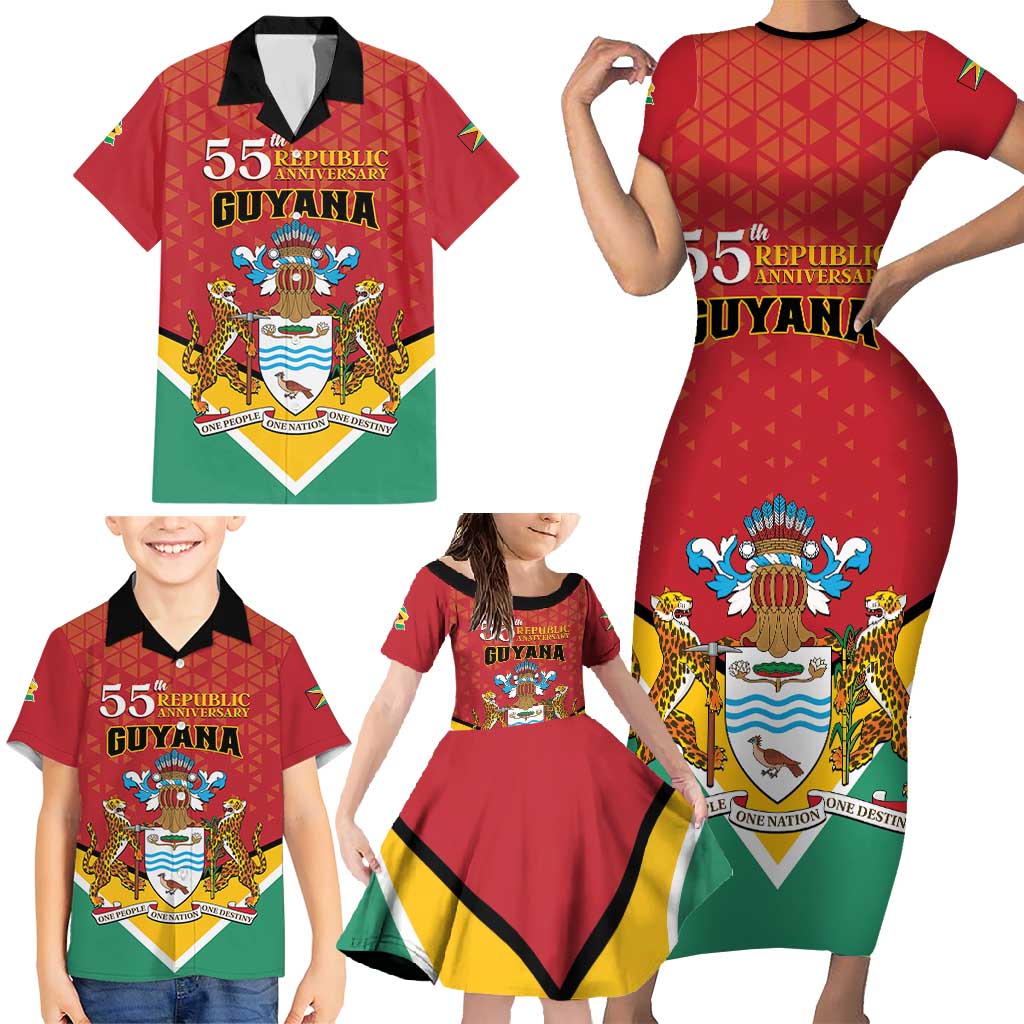 Personalized Guyana 55th Republic Anniversary Family Matching Short Sleeve Bodycon Dress and Hawaiian Shirt Flag Style