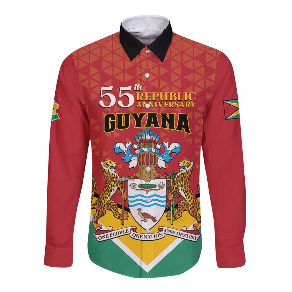 Red long-sleeve button shirt with Guyana crest and 55th Republic Anniversary graphic