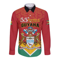 Red long-sleeve button shirt with Guyana crest and 55th Republic Anniversary graphic