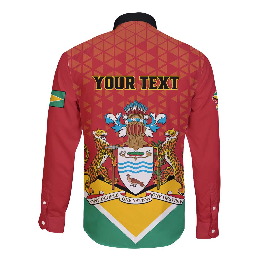 Red long-sleeve button shirt back with Guyana crest and YOUR TEXT banner