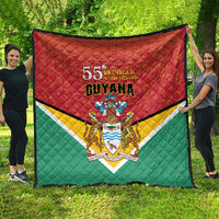 Guyana 55th Republic Anniversary quilt flag hanging flat, red top and green sides with emblem