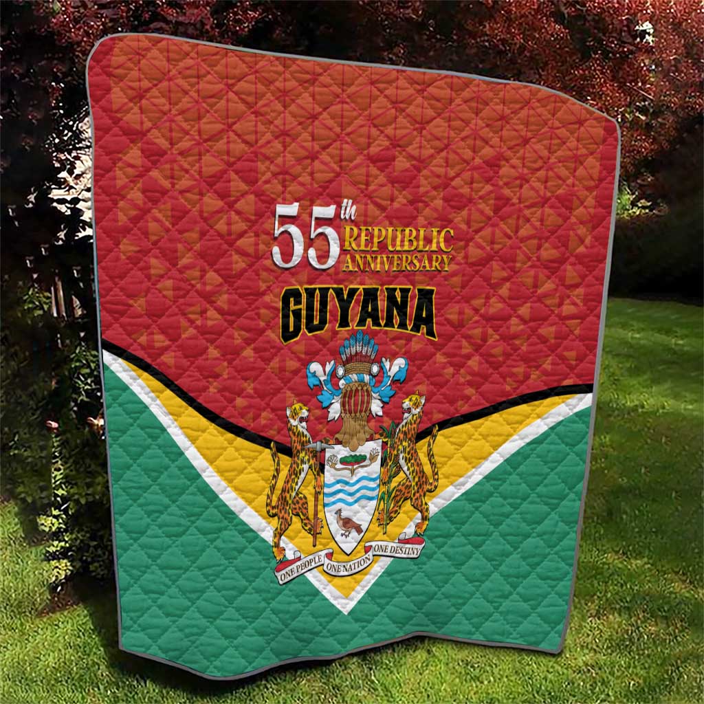 Guyana 55th Republic Anniversary quilt flag close view, red and green with central crest