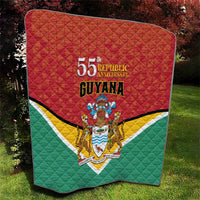 Guyana 55th Republic Anniversary quilt flag close view, red and green with central crest