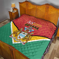 Guyana 55th Republic Anniversary quilt flag on bed, red top with crest and quilted texture