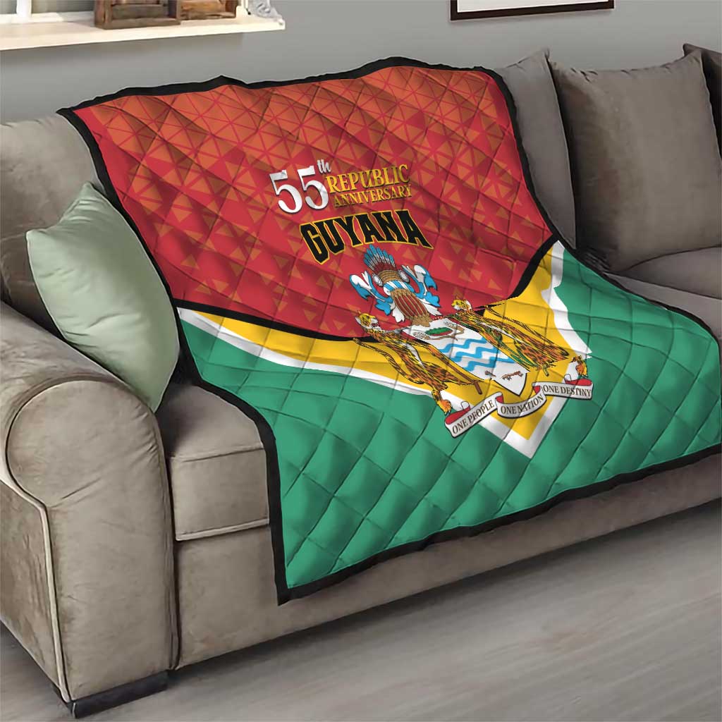 Guyana 55th Republic Anniversary quilt flag on sofa, red top with text and detailed crest