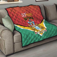 Guyana 55th Republic Anniversary quilt flag on sofa, red top with text and detailed crest
