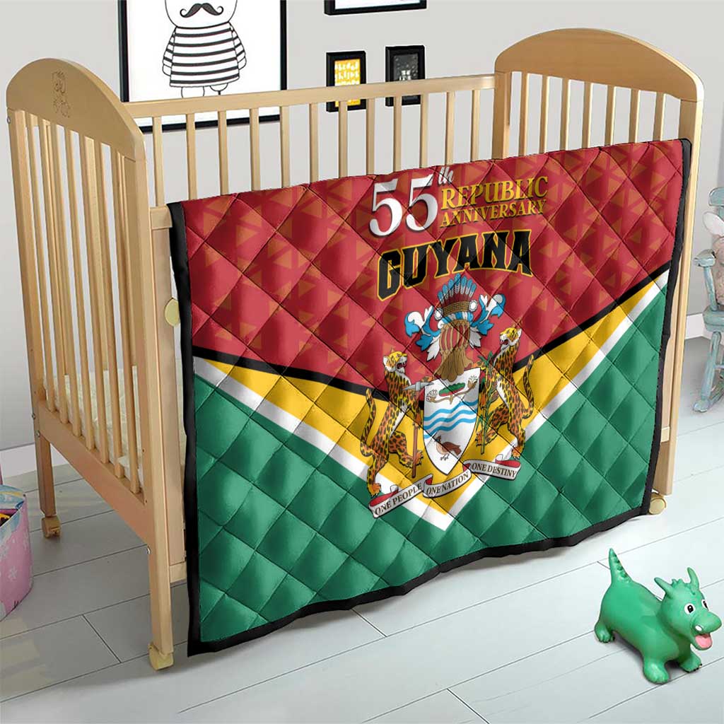 Guyana 55th Republic Anniversary quilt flag on crib, red and green with emblem and lettering