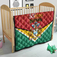 Guyana 55th Republic Anniversary quilt flag on crib, red and green with emblem and lettering