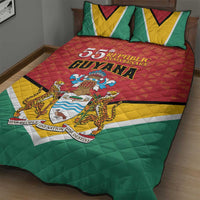 Flag-style Guyana quilt bed set with crest and 55th anniversary text, red center and green