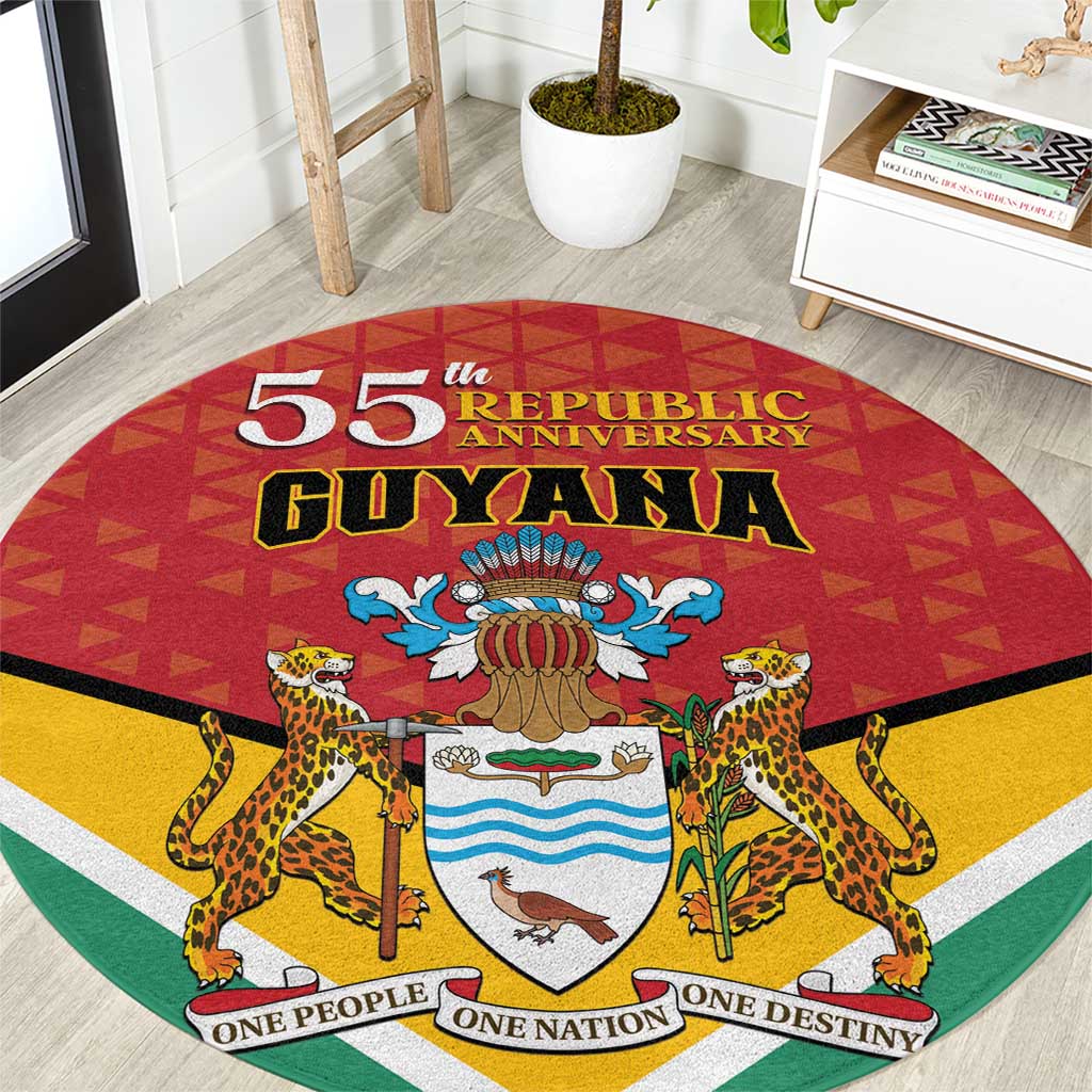 Round red, yellow, green Guyana 55th Republic Anniversary flag style carpet with crest