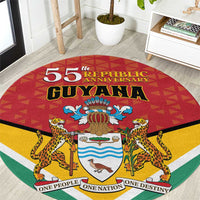 Round red, yellow, green Guyana 55th Republic Anniversary flag style carpet with crest
