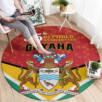 Round flag-style carpet showing Guyana 55th Republic Anniversary text and coat of arms