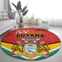 Round Guyana 55th Republic Anniversary flag style carpet with central crest and leopard figures