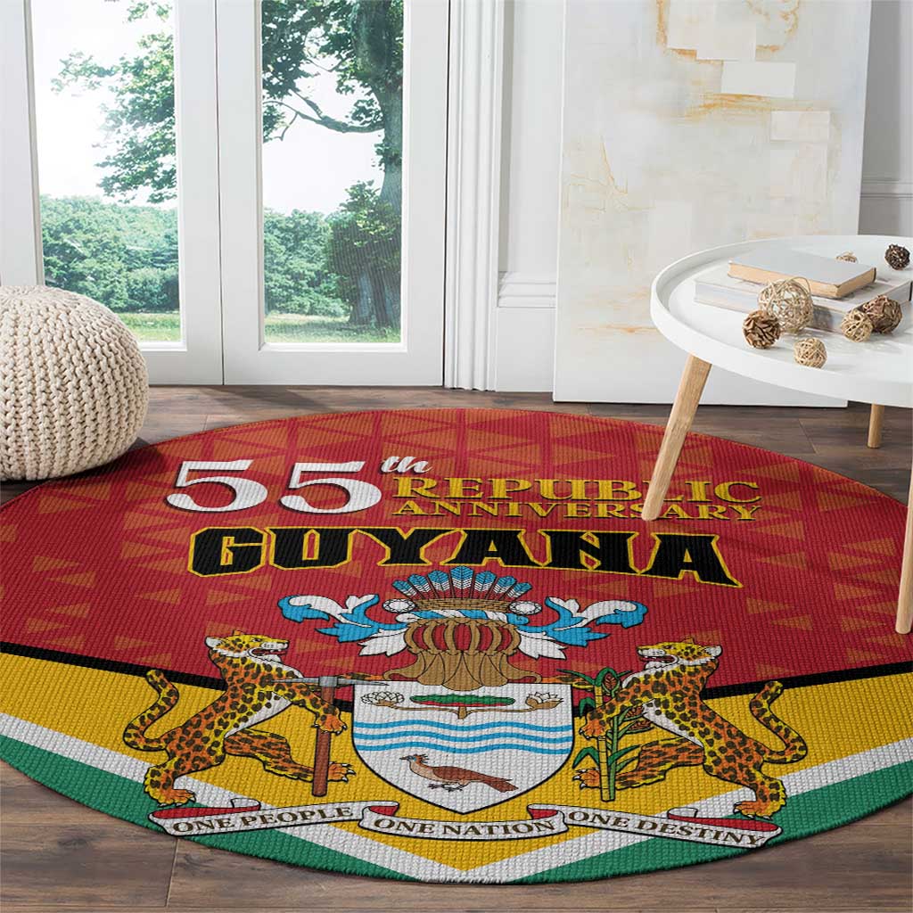Round Guyana flag style carpet with 55th Republic Anniversary headline and crest illustration