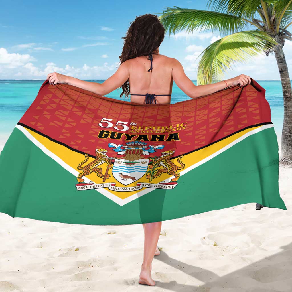 Guyana 55th Republic Anniversary sarong, red geometric pattern with crest and borders