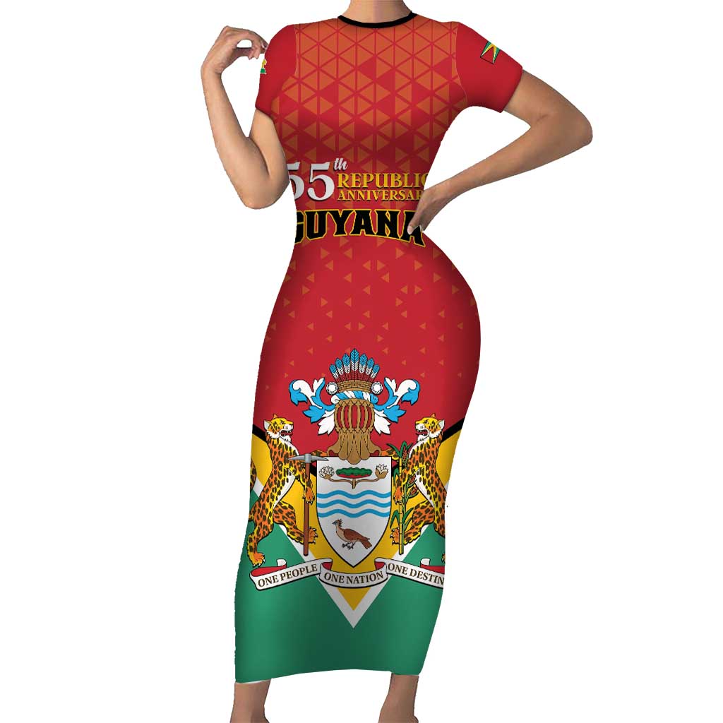 Personalized Guyana 55th Republic Anniversary Short Sleeve Bodycon Dress Flag Style - Wonder Print Shop