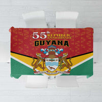 Guyana flag style anniversary tablecloth, red green yellow with central crest