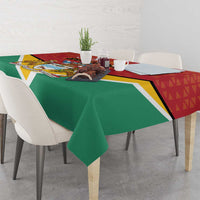 Guyana flag style tablecloth corner view with green field and red banner border