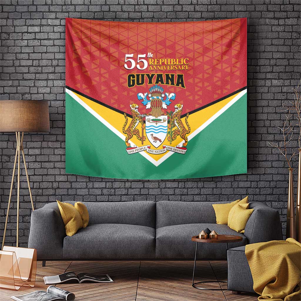 55th Republic Anniversary Guyana tapestry flag with red top, green bottom, and central crest