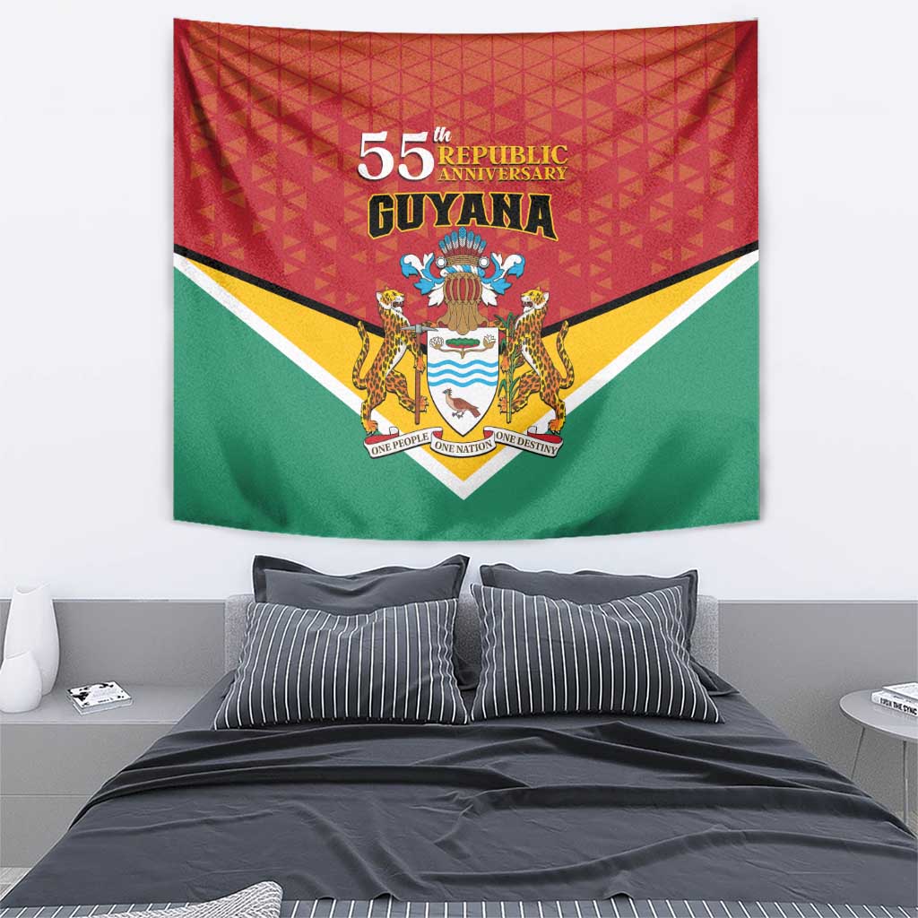 Guyana anniversary tapestry flag featuring red, green, white V stripes, and central national crest