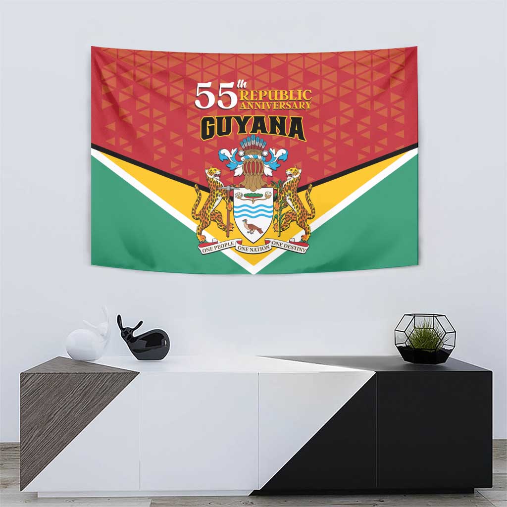 Guyana 55th Republic Anniversary tapestry flag with red upper field, green lower field, crest