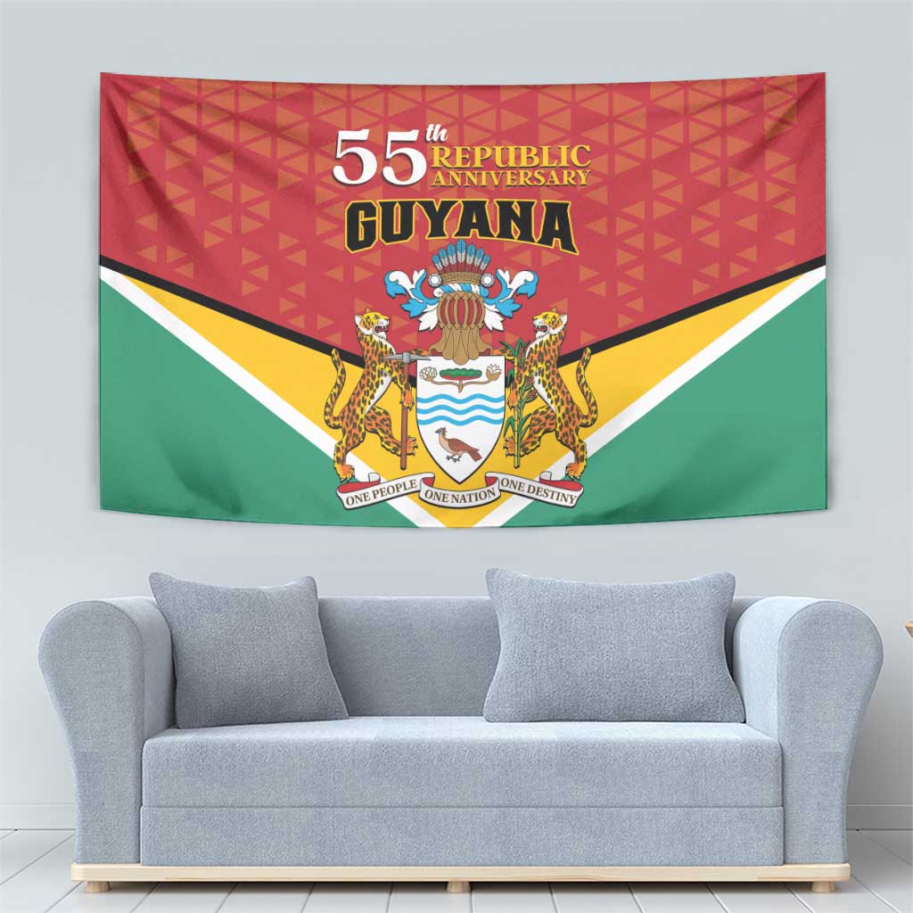 Guyana national tapestry flag for 55th Republic Anniversary with red top, green bottom, crest