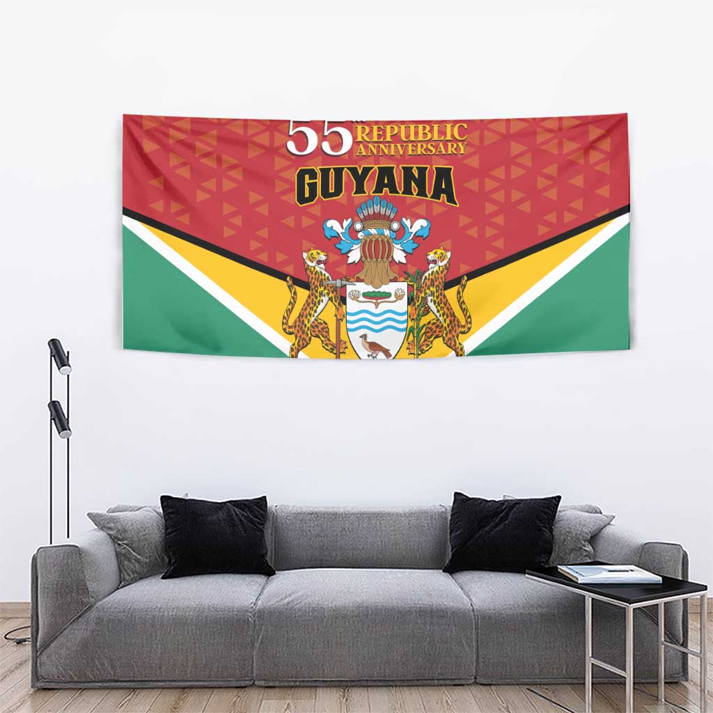 Guyana 55th Republic Anniversary tapestry flag, red and green with white V border and coat of arms