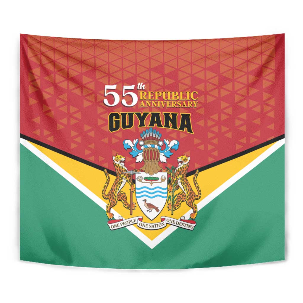 Close-up of Guyana 55th Republic Anniversary tapestry flag with crest, red patterned top, green field