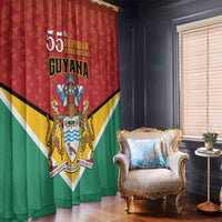 Guyana Republic anniversary flag curtain, red top and green bottom with coat-of-arms emblem