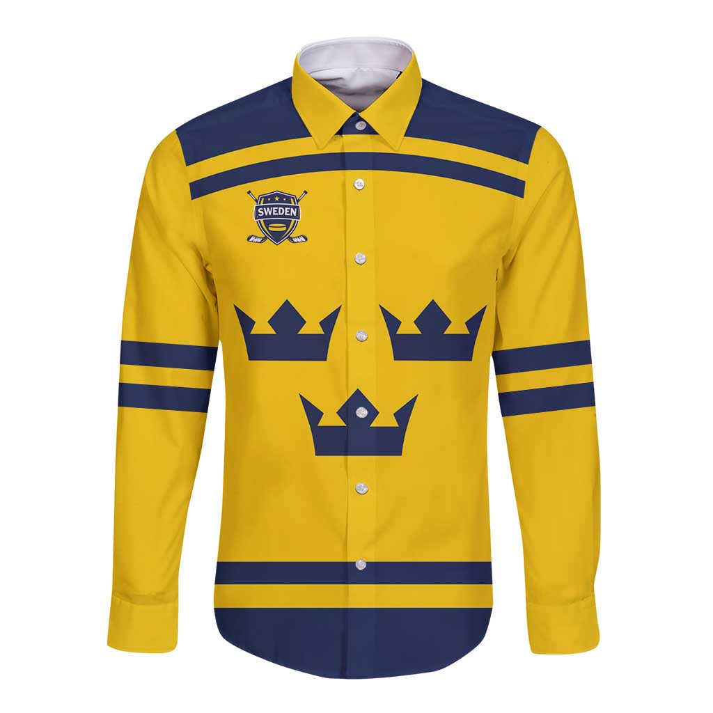 Custom Hockey 2026 Sweden Long Sleeve Button Shirt Tre Kronor Go Champions - Wonder Print Shop