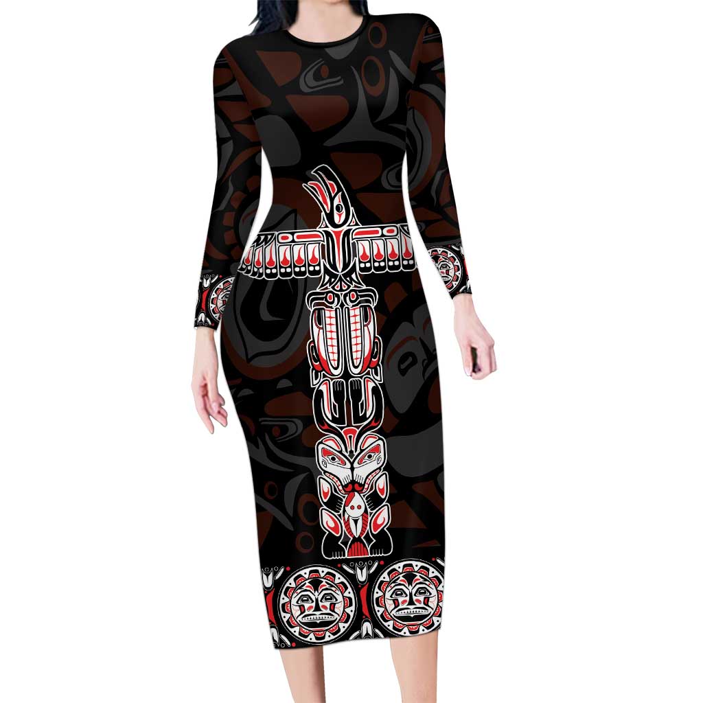 Canada Haida Totem Long Sleeve Bodycon Dress Haida Spirit