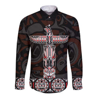 Black long-sleeve button shirt with front Haida totem graphic and collar
