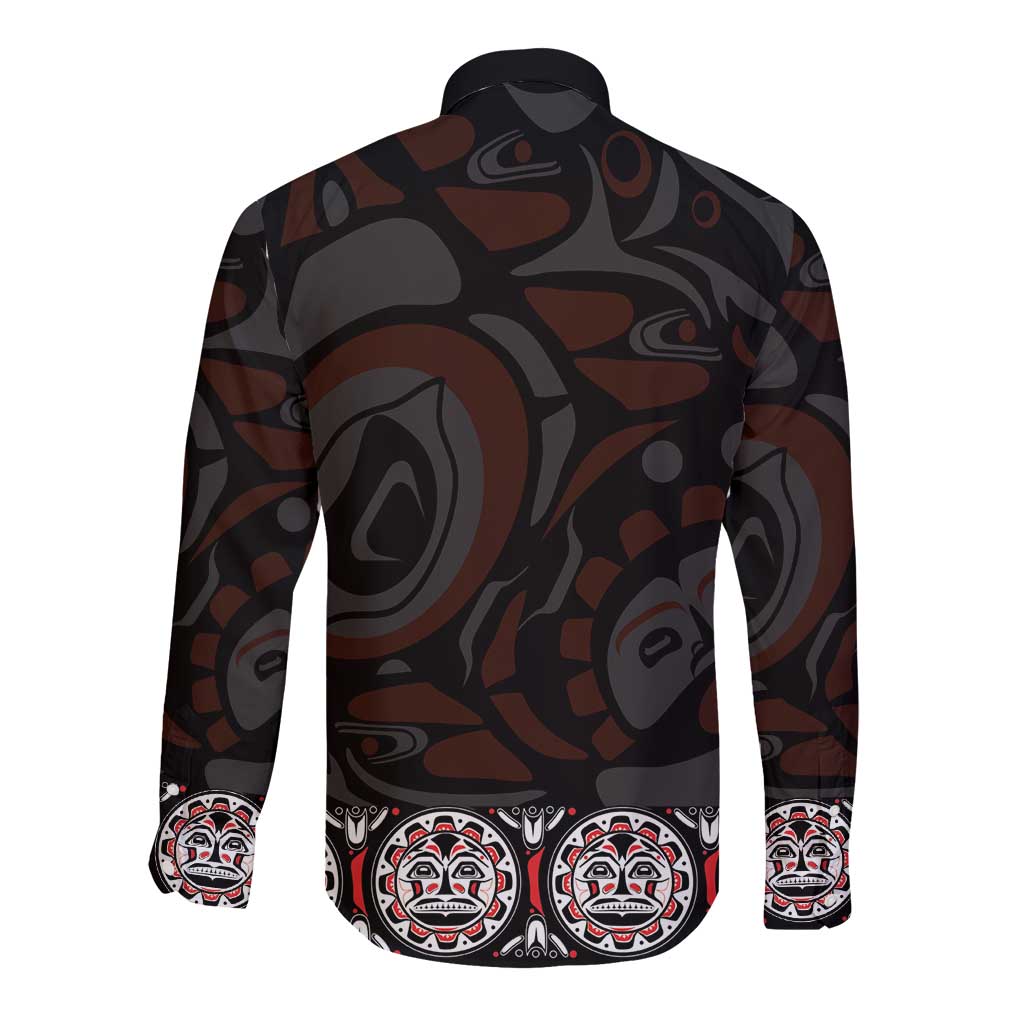 Black long-sleeve button shirt back with abstract Haida patterns and totem art
