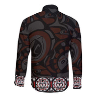 Black long-sleeve button shirt back with abstract Haida patterns and totem art