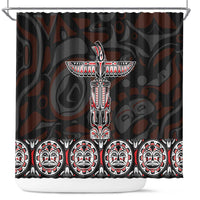 Black shower curtain with Haida-style totem and animal mask pattern
